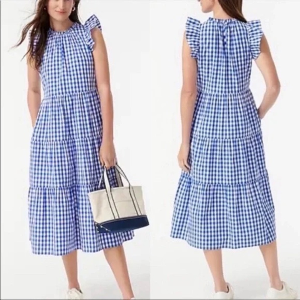 J. Crew Blue and White Gingham Midi Dress